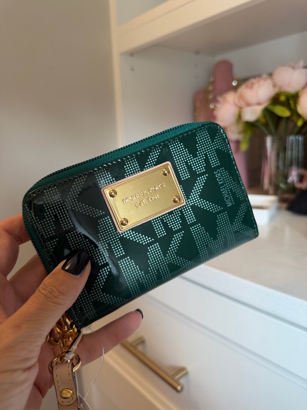 Michael Kors Green Patent Logo Zip Wallet with Gold Plate